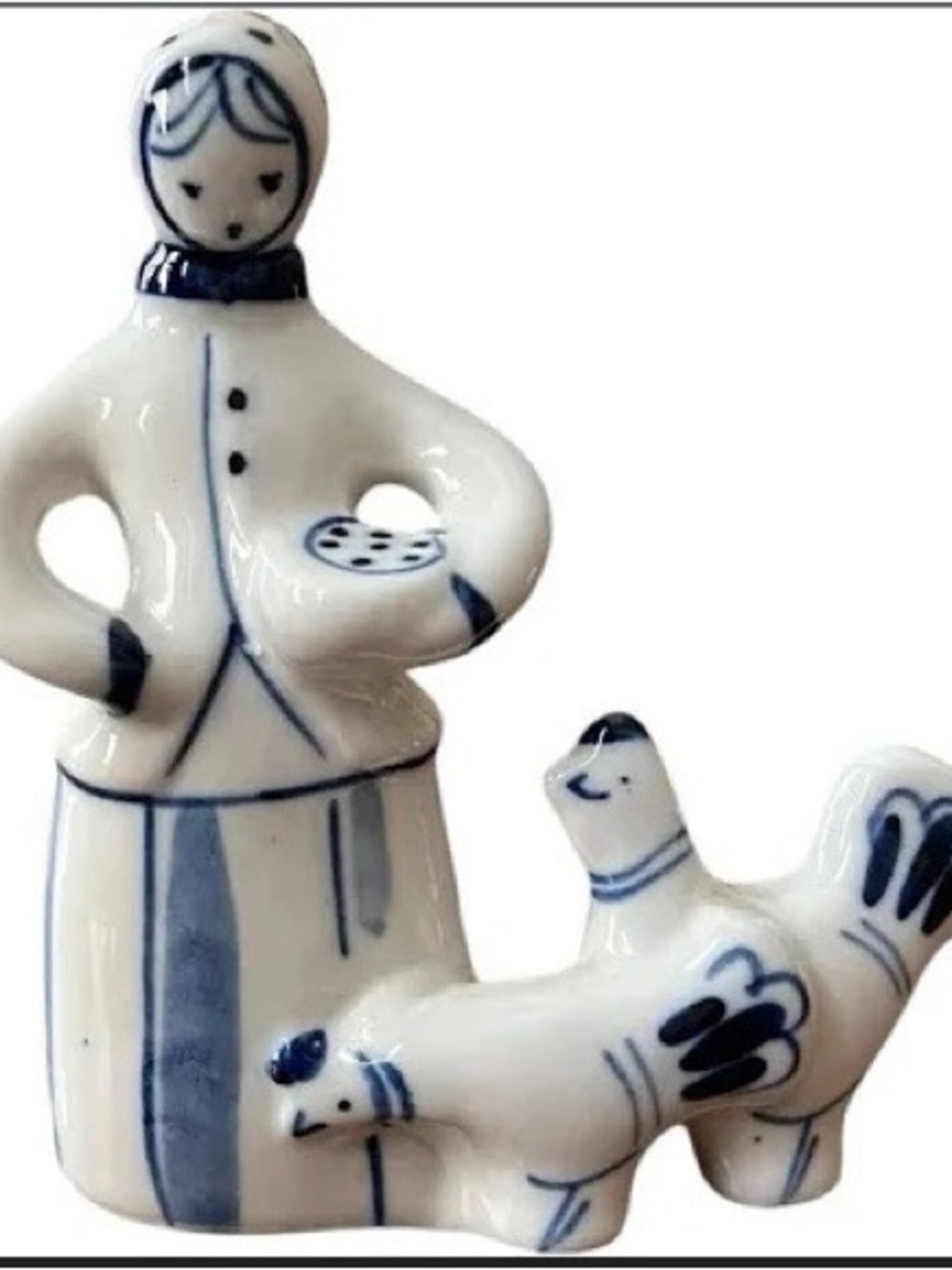 Blue and White Ceramic Figurine Set - Woman with Chickens